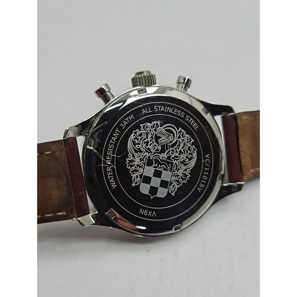 Vince Camuto Mens 42mm Watch VC1101SV Silver Tone Multi Dial Leather New Battery